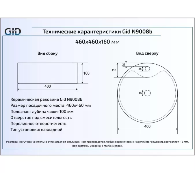 Накладная белая раковина для ванной Gid N9008b, изображение 3