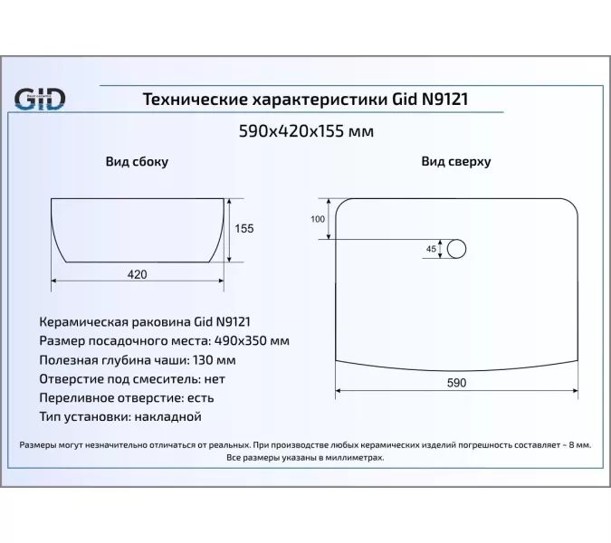 Накладная белая раковина для ванной Gid N9121, изображение 3
