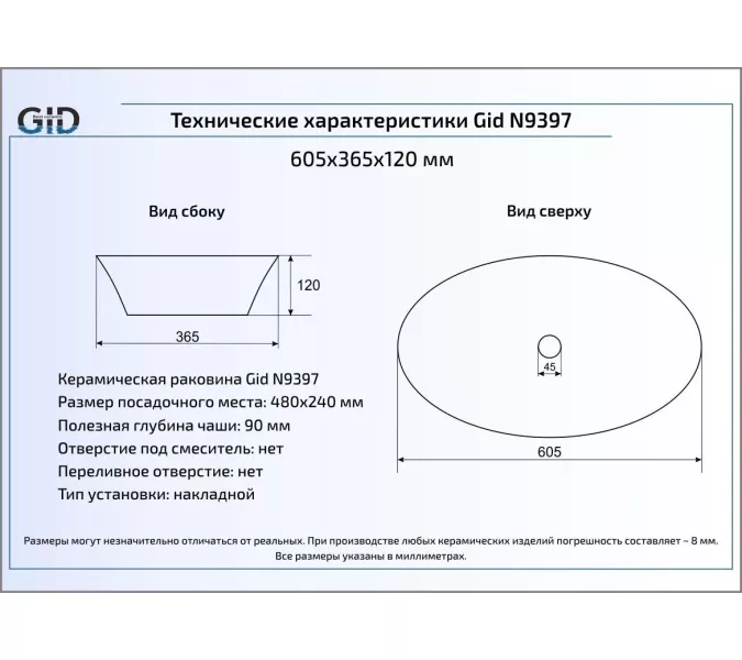 Накладная белая раковина для ванной Gid N9397, изображение 4