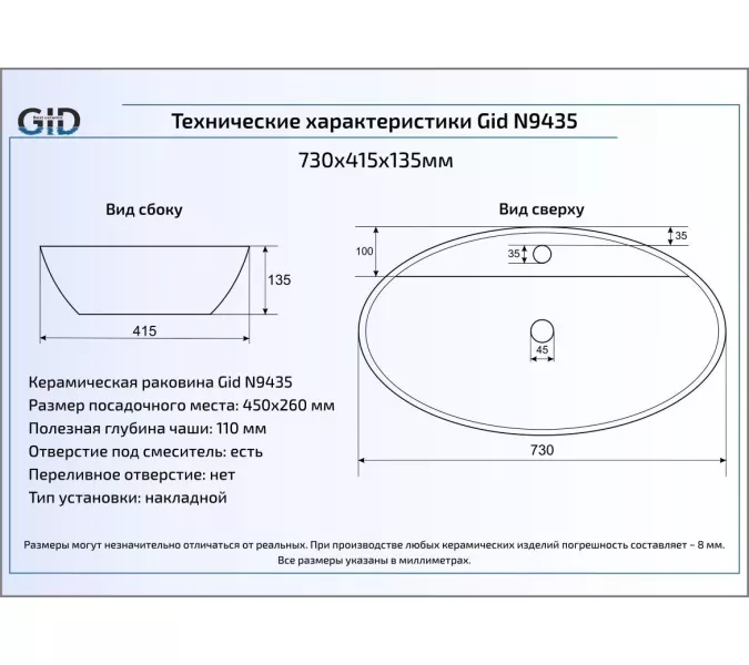 Накладная белая раковина для ванной Gid N9435, изображение 4