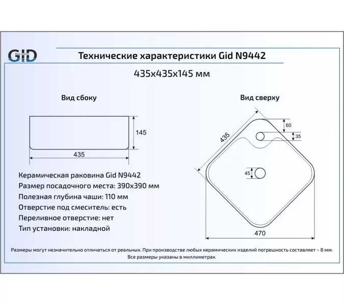 Накладная белая раковина для ванной Gid N9442, изображение 4
