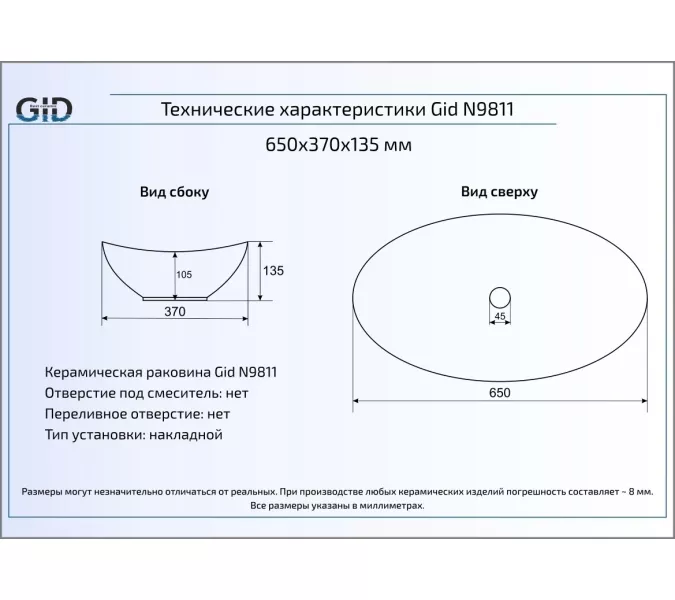 Накладная овальная раковина для ванной Gid Gd9811, Выбрать цвет: Золото, изображение 3