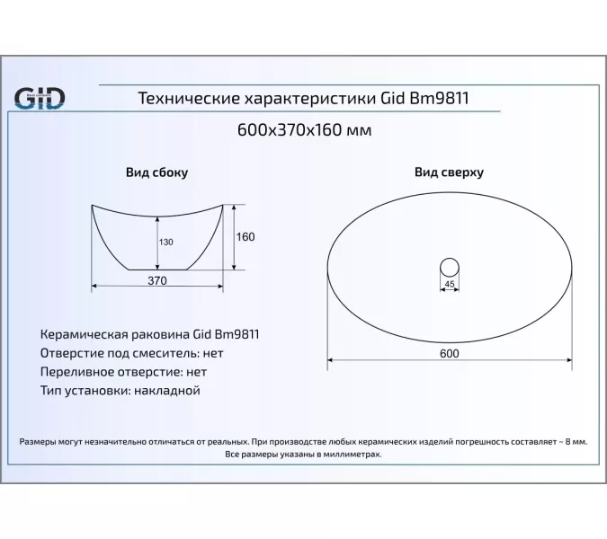 Накладная овальная раковина для ванной Gid Bm9811, Выбрать цвет: Черный матовый, изображение 3