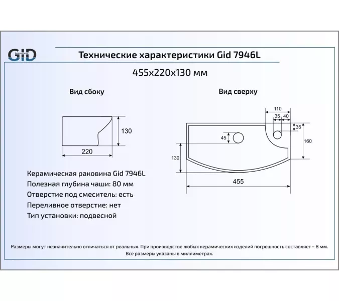 Подвесная белая раковина для ванной Gid 7946L, изображение 3
