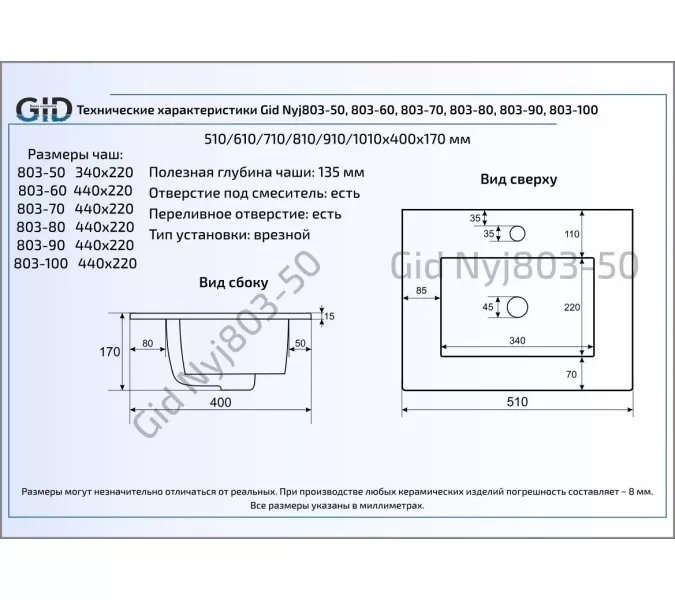 Встраиваемая сверху белая раковина для ванной Gid NYJ803-70, Выбрать размер: 70, изображение 2