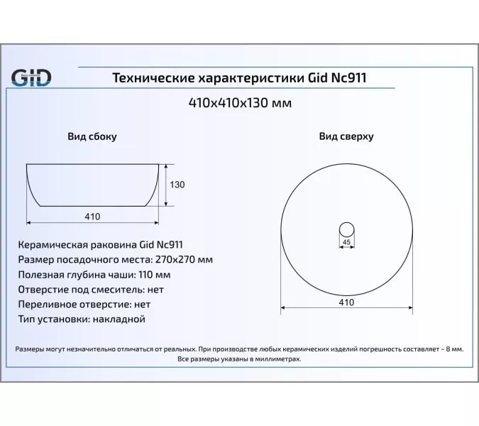 Накладная черная матовая раковина для ванной Gid Nc911, изображение 4