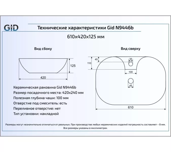 Накладная белая раковина для ванной Gid N9446b, изображение 3