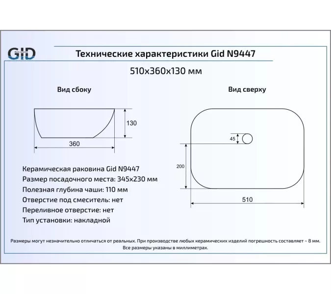 Накладная белая раковина для ванной Gid N9447, изображение 3