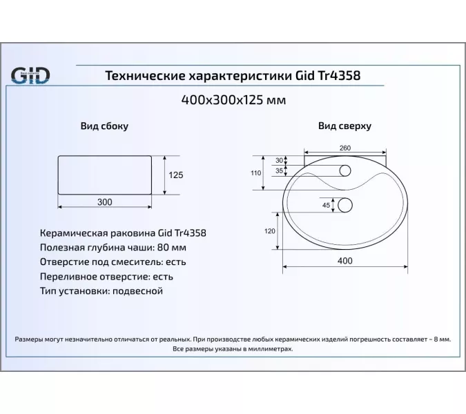 Подвесная  раковина для ванной Gid Tr4358, изображение 2