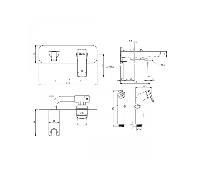 Смеситель Lemark Ursus LM7220BL с гигиеническим душем, встраиваемый, изображение 2