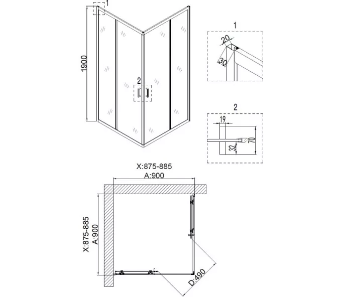 Душ. ограждение NG-6608-08/6609-08 квадрат, двери раздвижные, без поддона, Выбрать размер: 90x90, изображение 6