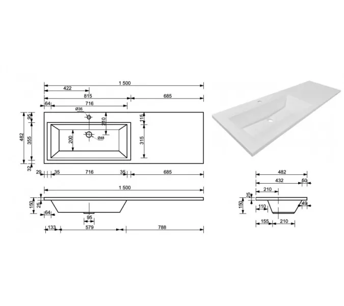 Тумба напольная 2 ящика Style Line с раковиной  Даллас левая/правая, Выбрать размер: 150, изображение 5