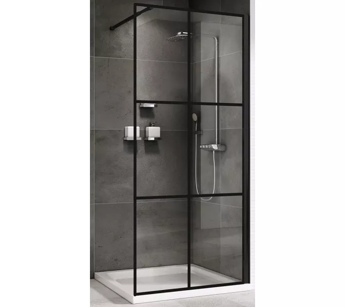 Душевая перегородка ABBER Immer Offen (толщина 6мм), Цвет стекла: прозрачное, Цвет профиля: Черный, Выбрать размер: 90