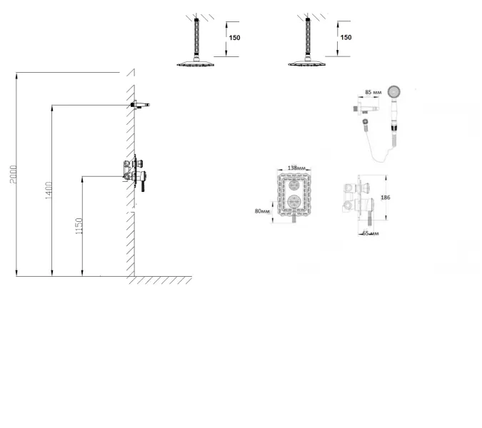 Bronze De Luxe Windsor Комплект для душа встраиваемый лейка с потолка без излива, изображение 4