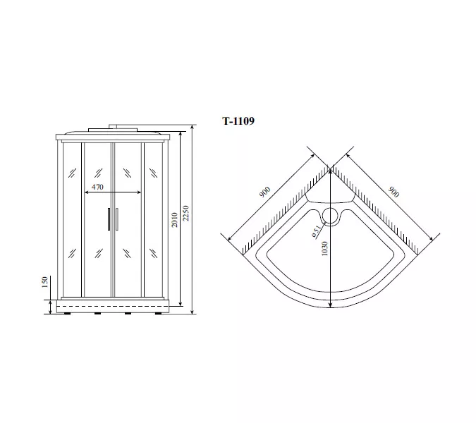 Душевая кабина четверть круга Timo Standart Т-5509 низкий поддон 90*90*225, Комплектация: без гидромассажа, изображение 9