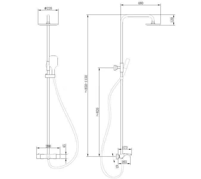 Душевая стойка ABBER Thermostat AF8516B, Выбрать цвет: Черный матовый, Регулируемая высота: 850-1150, изображение 3