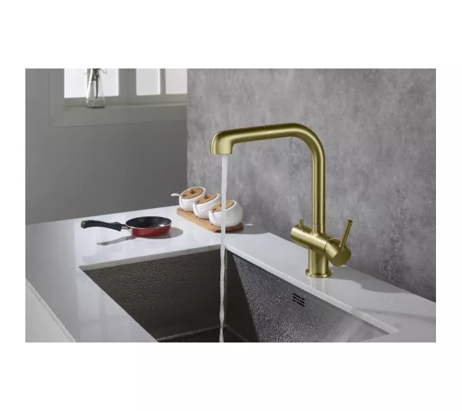 Смеситель для кухни Timo Saona 2346/17FL с подключением фильтра и выдвижной лейкой  золото матовое, изображение 2
