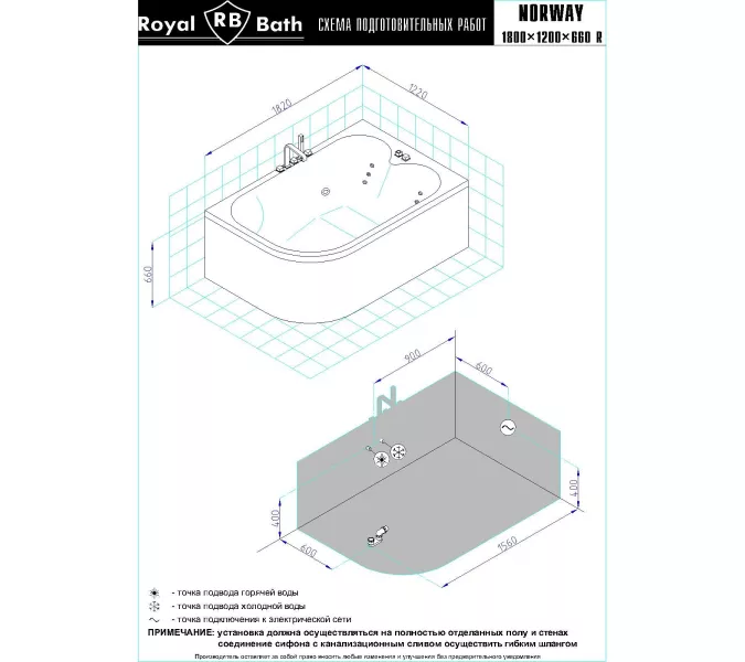Гидромассажная ванна Royal Bath  NORWAY DE LUXE, Ориентация: правая, изображение 3