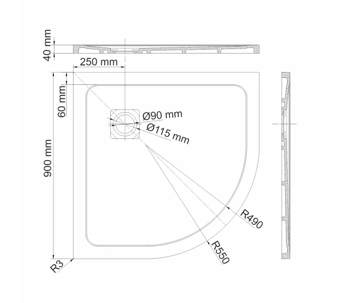 Душевой поддон четверть круга  90*90 WasserKRAFT Rhin 44T, изображение 2