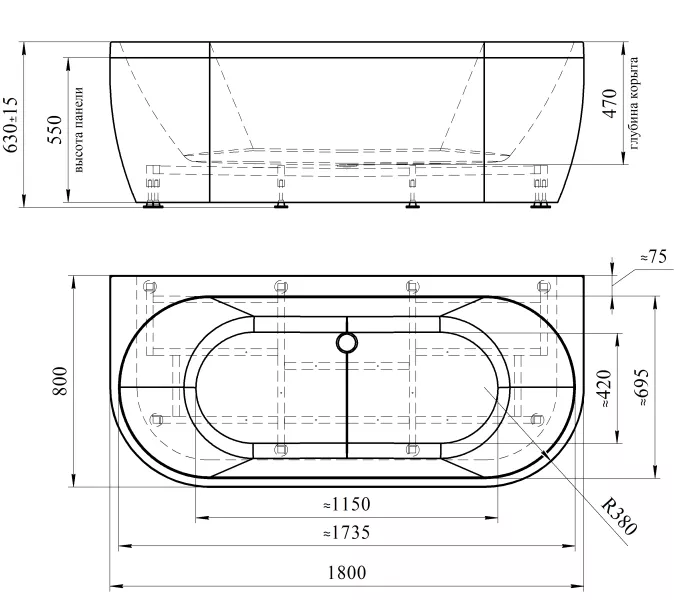 Ванна акриловая Radomir Вальс Макси 180х80, Внешний вид: несъемная панель, изображение 19