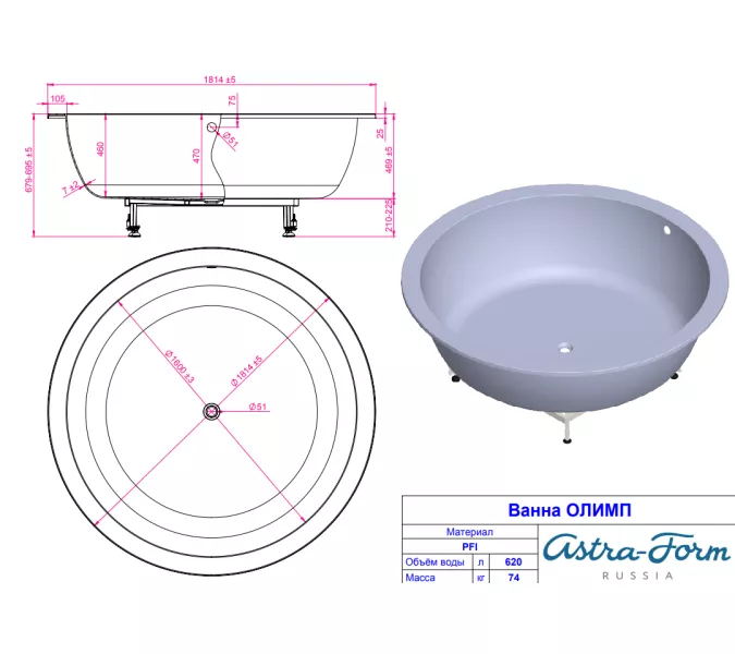 Ванна Astra-Form Олимп 181х181 см, изображение 12