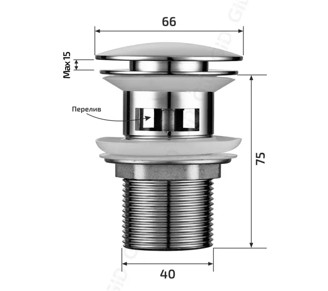 Донный клапан для раковины хром с переливом Gid CH100-1, изображение 2