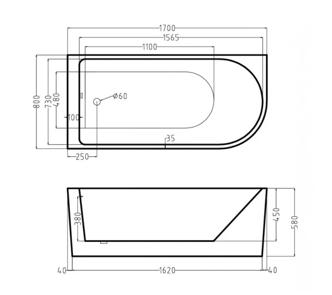 Ванна акриловая Esbano Afina, 170x80x58 правая, изображение 3