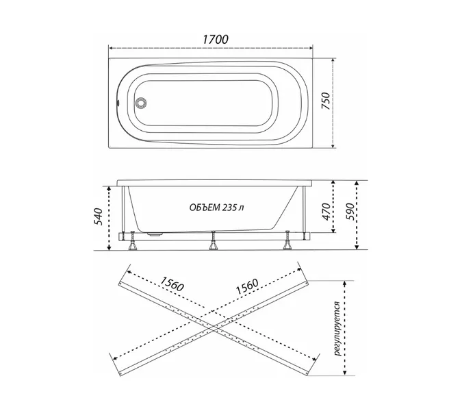 Ванна акриловая Triton Дина 170х75, изображение 5