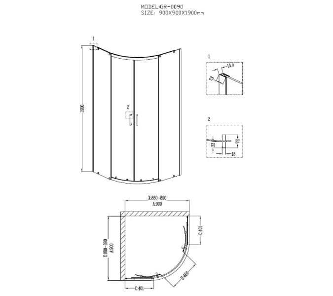 Душ.ограждение GR-0090 Classic 90*90*190 полукруг, двери раздвижные, изображение 8