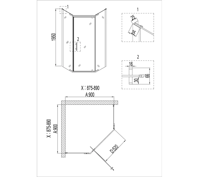 Душевое  ограждение  NG-6605-08  трапеция, дверь распашная, без поддона 90*90, изображение 5