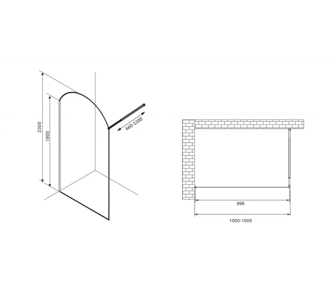 Душевая перегородка ABBER Immer Offen (толщина 8мм), Цвет профиля (вариация): Черный, Выбрать цвет: прозрачное, Выбрать размер: 100, изображение 3