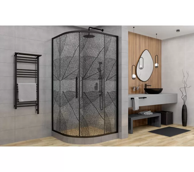 Душевое ограждение HB90 DTO четверть круга, Цвет стекла: с рисунком, Цвет профиля: Черный, Выбрать размер: 90х90, изображение 2