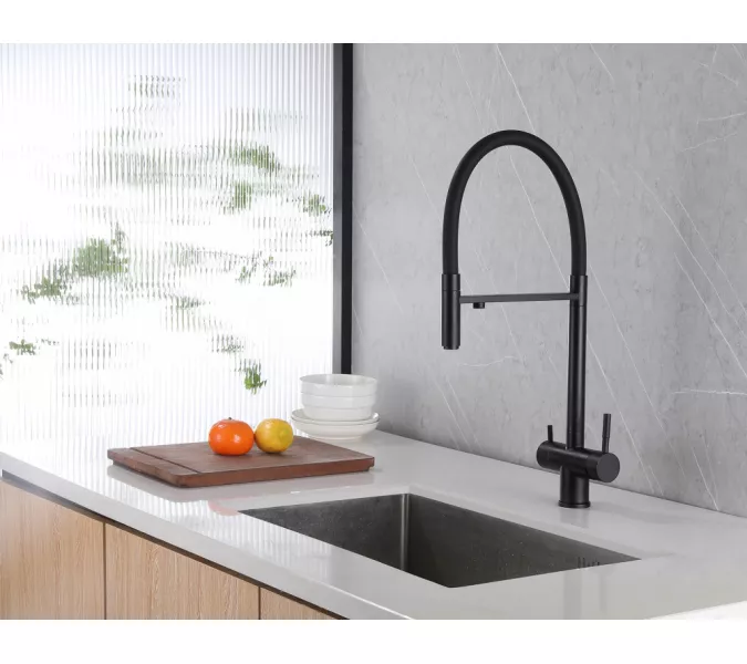 Смеситель ABBER Wasser Kreis AF81141B для кухни с подключением фильтра и выдвижной лейкой, черный матовый, Выбрать цвет: Черный, изображение 2