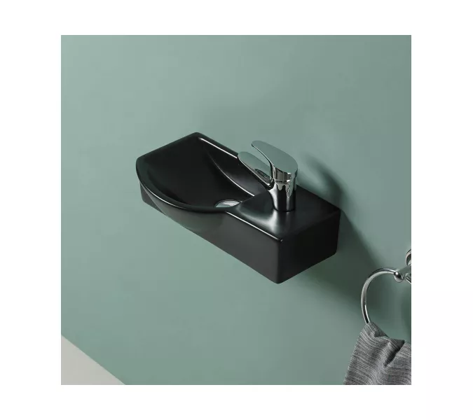 WW AISBACH 7940 MT-BL R Раковина подвесная (матовая черная)  400х220х120 мм, Выбрать цвет: Черный матовый, Ориентация: правая