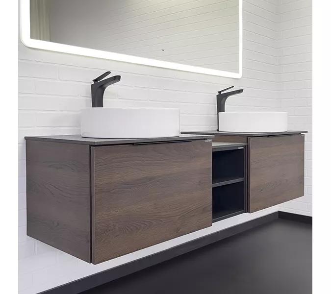 Набор мебели Comforty Портленд-150 дуб шоколадно-коричневый со столешницей под мрамор Калакатта Блэк c раковинами Comforty 9110