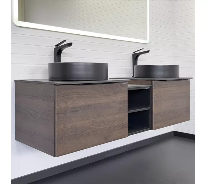 Набор мебели Comforty Портленд-150 дуб шоколадно-коричневый со столешницей Калакатта Блэк c раковинами Comforty 9110MB