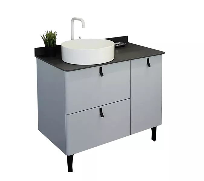 Тумба-умывальник Comforty Сорренто-90Н светло-серый с черной столешницей c раковиной Comforty 9110