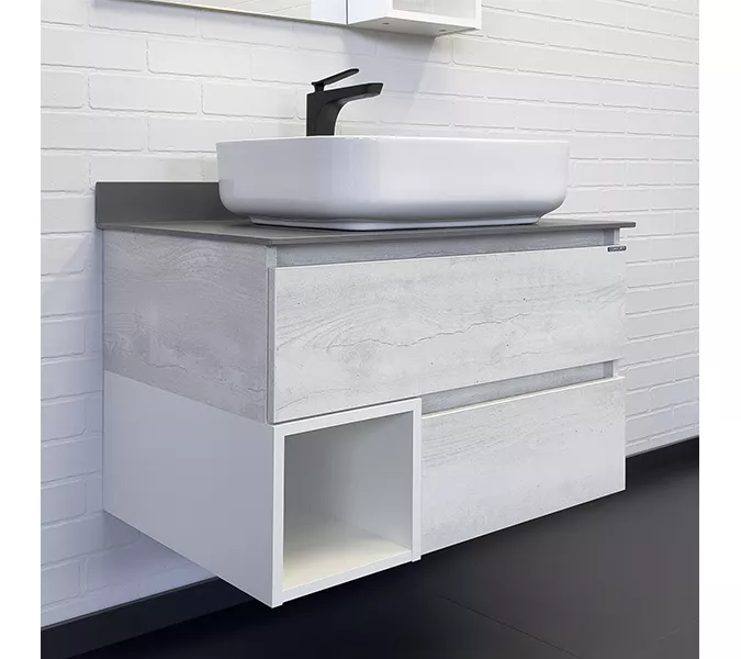 COMFORTY. Тумба-умывальник "Прага-75" дуб белый с серой столешницей, с раковиной COMFORTY