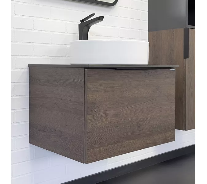 Тумба-умывальник Comforty Портленд-60 дуб шоколадно-коричневый со столешницей под мрамор Калакатта Блэк с раковиной 9110