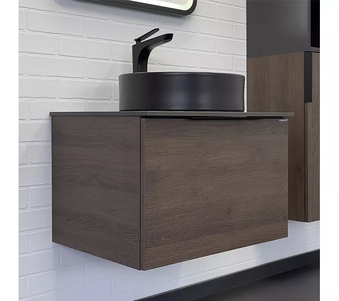 Тумба-умывальник Comforty Портленд-60 дуб шоколадно-коричневый со столешницей под мрамор Калакатта Блэк с раковиной 9110MB