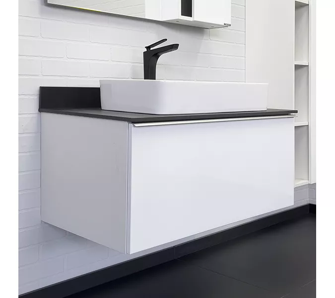 COMFORTY. Тумба-умывальник "Милан-90" белый глянец со столешницей под мрамор Калакатта Блэк с раковиной COMFORTY 78189, Внешний вид: столешница под мрамор Блэк, Высота (мм): 550, Выбрать размер: 90, Комплектация: раковина Comforty 78189