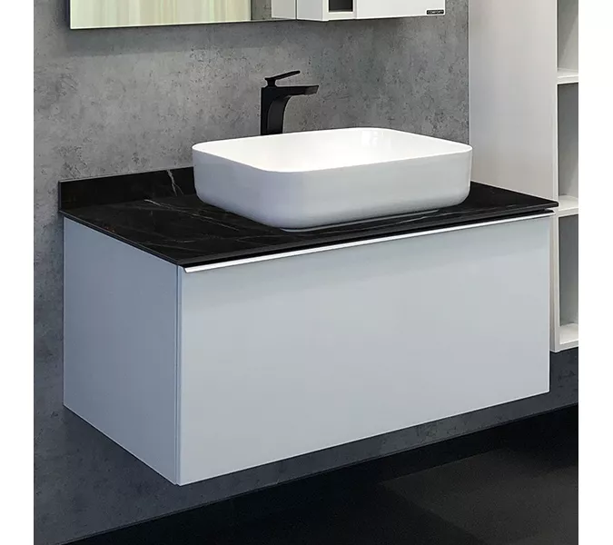 COMFORTY. Тумба-умывальник "Милан-90" белый глянец со столешницей под мрамор Калакатта Блэк с раковиной COMFORTY T-Y9378, Внешний вид: столешница под мрамор Блэк, Высота (мм): 545, Выбрать размер: 90, Комплектация: раковина Comforty T-Y9378