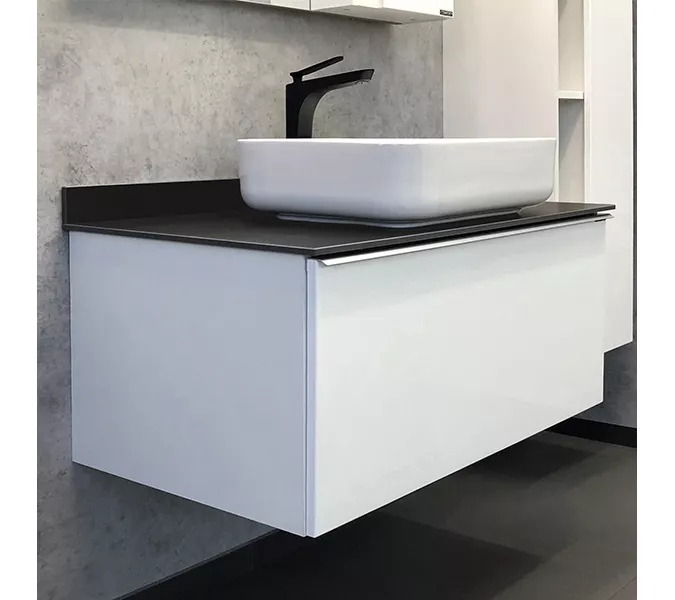 COMFORTY. Тумба-умывальник "Милан-90" белый глянец с графитовой столешницей, с раковиной COMFORTY T-Y9378, Внешний вид: столешница графит, Высота (мм): 545, Выбрать размер: 90, Комплектация: раковина Comforty T-Y9378