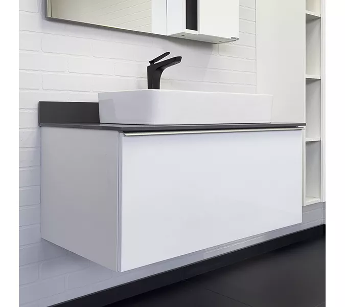 COMFORTY. Тумба-умывальник "Милан-90" белый глянец с графитовой столешницей, с раковиной COMFORTY 78189, Внешний вид: столешница графит, Высота (мм): 550, Выбрать размер: 90, Комплектация: раковина Comforty 78189