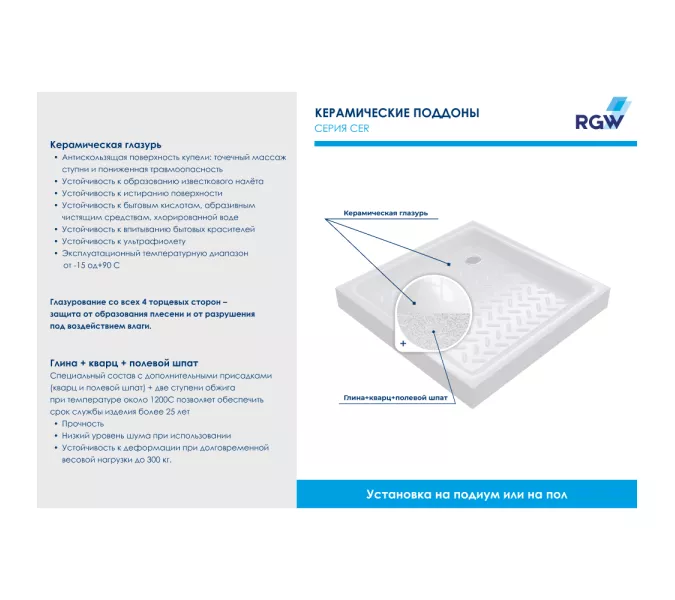 Душевой поддон квадратный керамический RGW CR, Выбрать цвет: Белый, Выбрать размер: 900x900, изображение 6