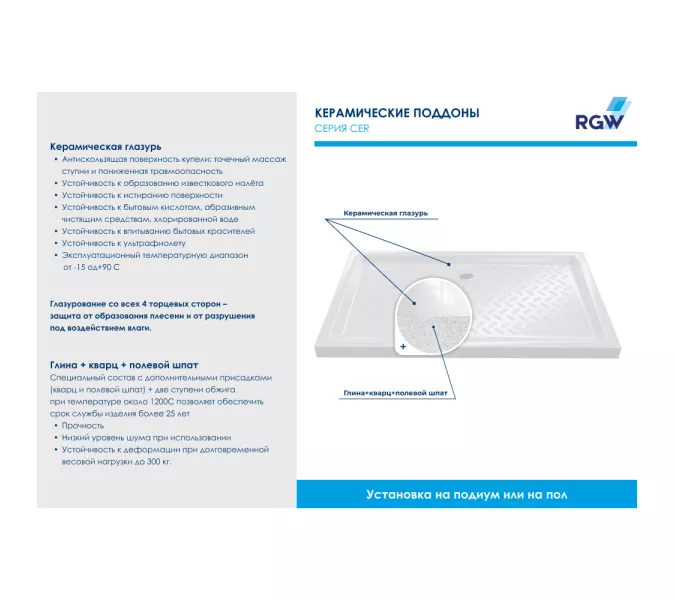 Душевой поддон прямоугольный керамический RGW CR высота 6см, Выбрать размер: 720x900, изображение 6