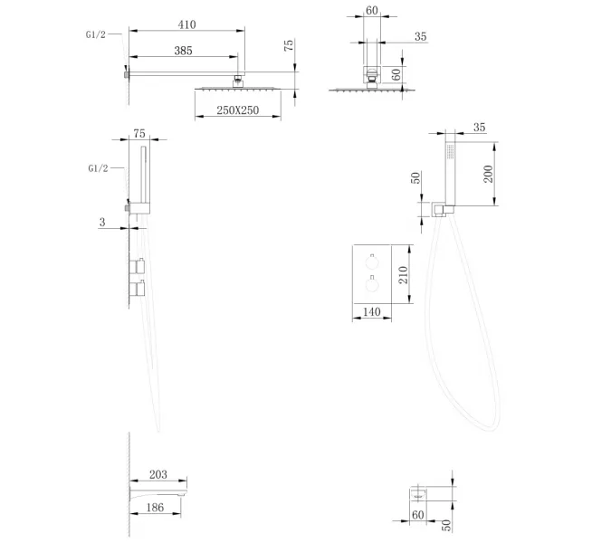 Душевая система ABBER Weiss Insel AF8050B скрытого монтажа с изливом, термостат, черная матовая, Выбрать цвет: Черный матовый, изображение 3