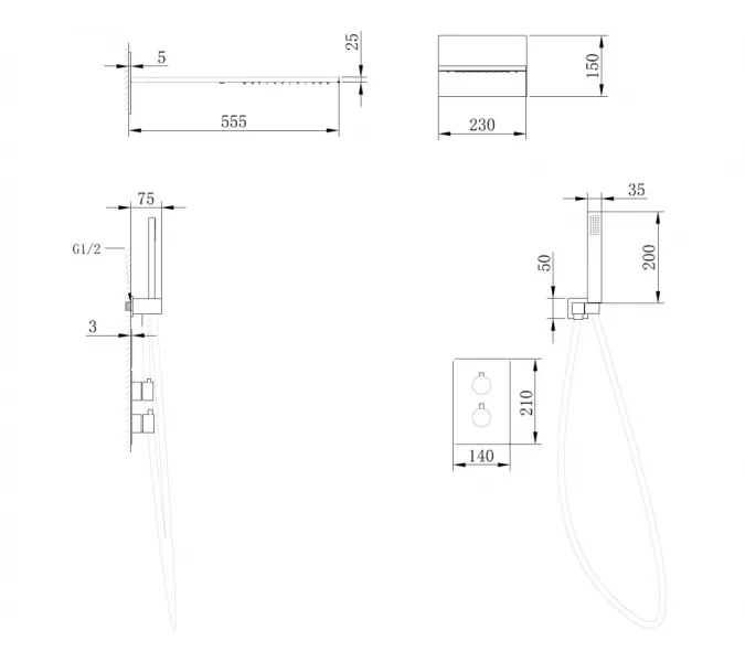 Душевая система ABBER Weiss Insel AF8052B скрытого монтажа без излива, термостат, черная матовая, Выбрать цвет: Черный матовый, изображение 3