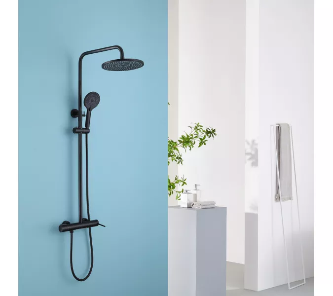 Душевая стойка ABBER Emotion AF8816B с изливом, черная матовая, Выбрать цвет: Черный матовый, Регулируемая высота: 810-1140, изображение 2