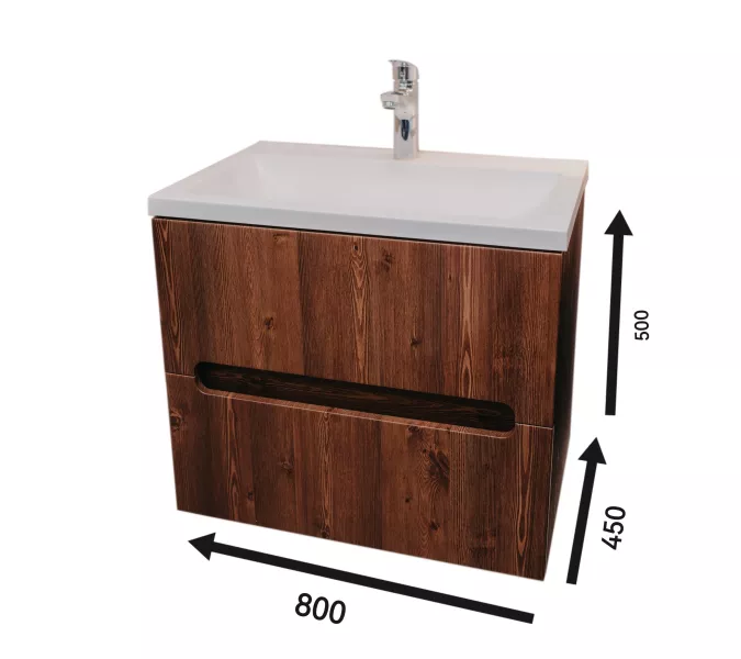 Тумба  подвесная ACWEN TORNO 80  дуб горизонт с раковиной Слим 80, Выбрать цвет: Дуб горизонт темный, Выбрать размер: 80, Внешний вид: с белой раковиной, изображение 7